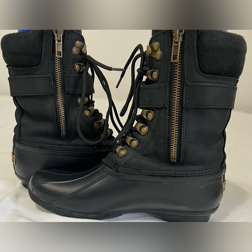 Sperry Black Duck Lace Up Side Zip Buckle Lug sole Strap Rain Snow Boots - Picture 3 of 9